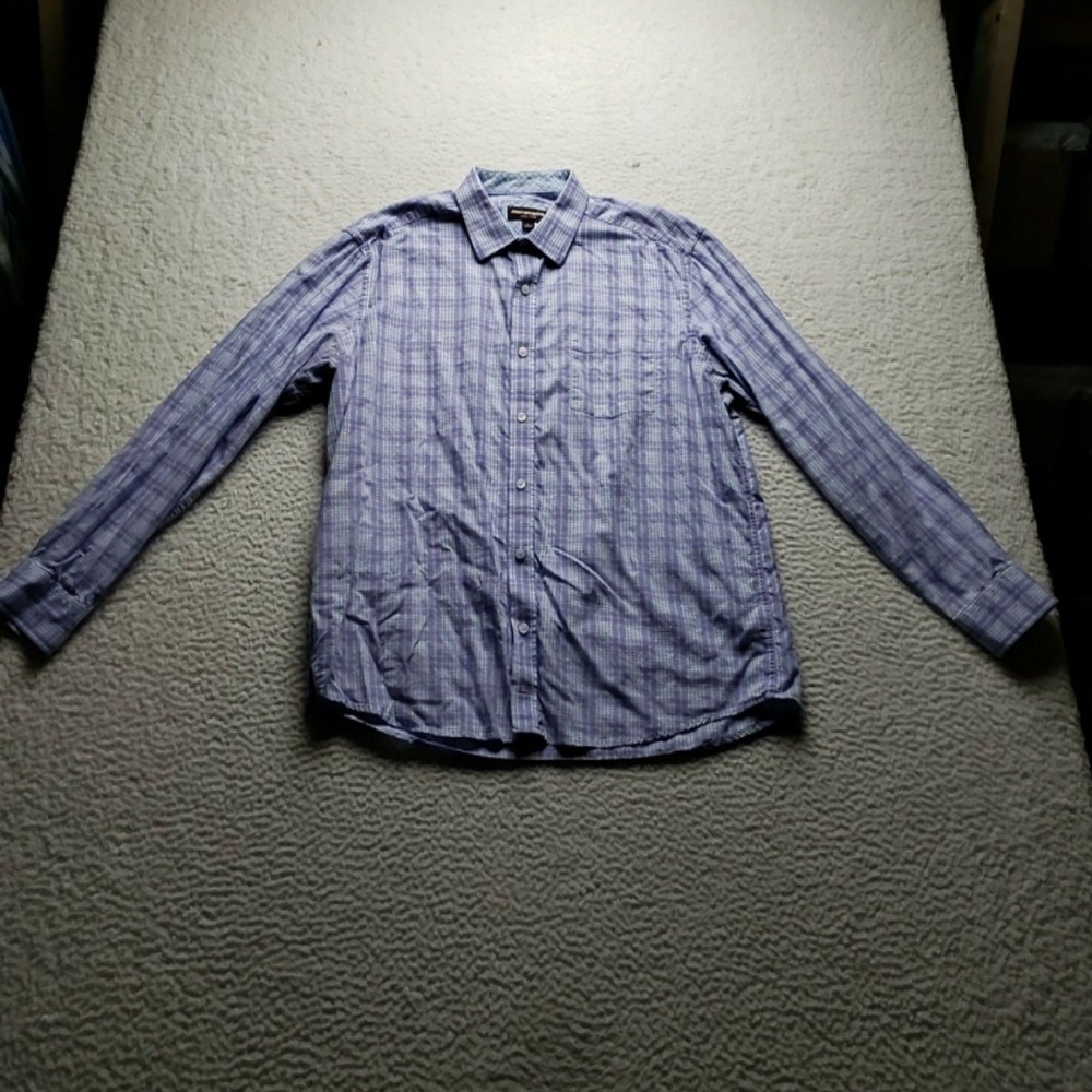 Johnston & Murphy Shirt Mens Large Blue Plaid 100% Cotton Long Sleeve Button-Up